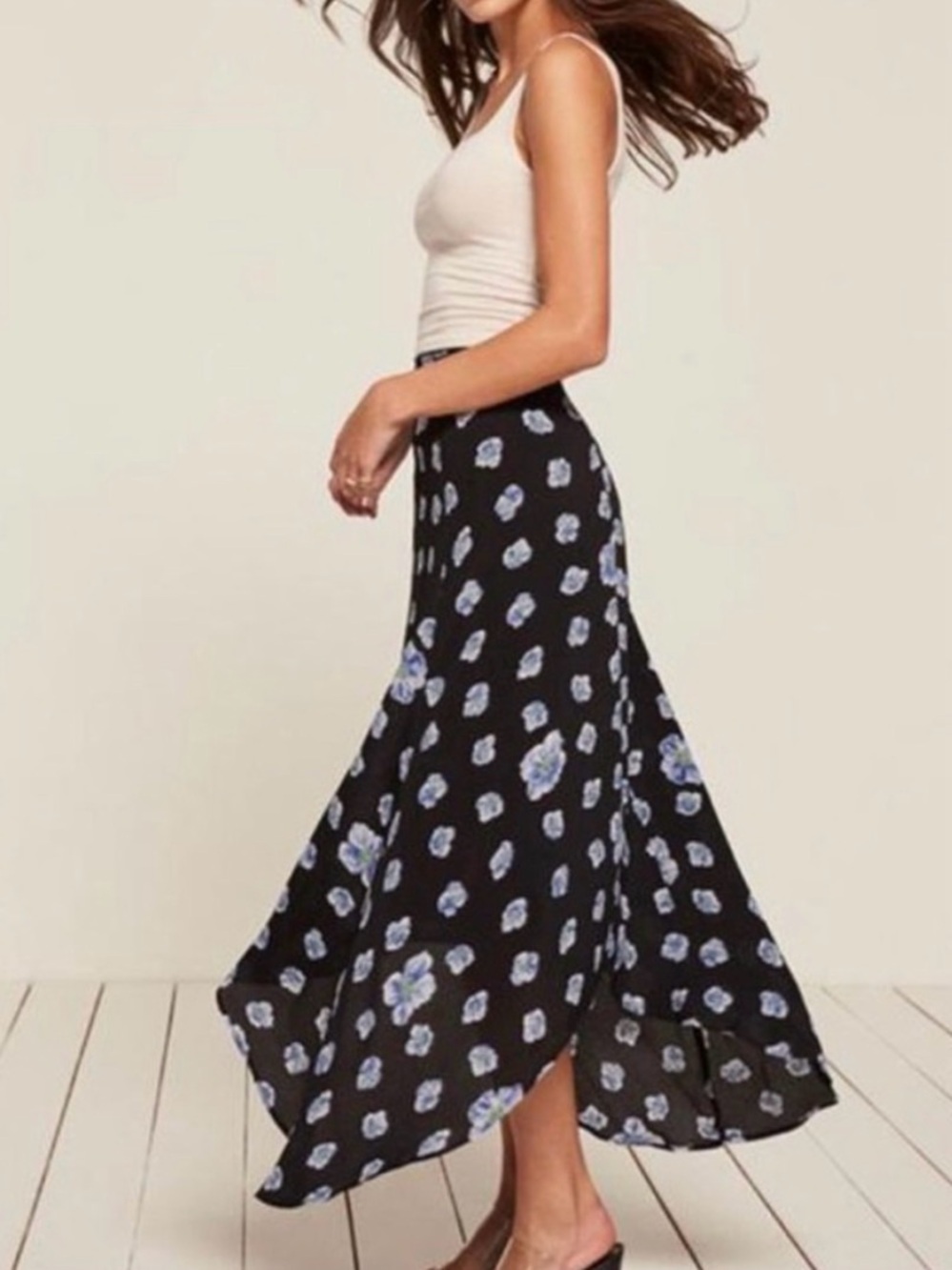 Reformation “Wilde” black floral asymmetrical midi/maxi skirt size 2